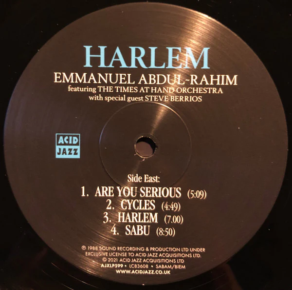 EMMANUEL ABDUL-RAHIM FEATURING THE TIMES AT HAND ORCHESTRA WITH SPECIAL GUEST STEVE BERRIOS, Harlem (Acid Jazz; AJXLP599, Denmark 2021 Reissue) LP VG+/VG+ - Image 3