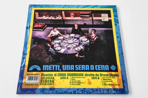 ENNIO MORRICONE, Metti, Una Sera A Cena (Colonna Sonora Originale) (AMS Records; AMS LP 95, Italy 2015 Reissue, Gatefold, Blue/White/Green Marble Vinyl) LP EX/EX - Image 2