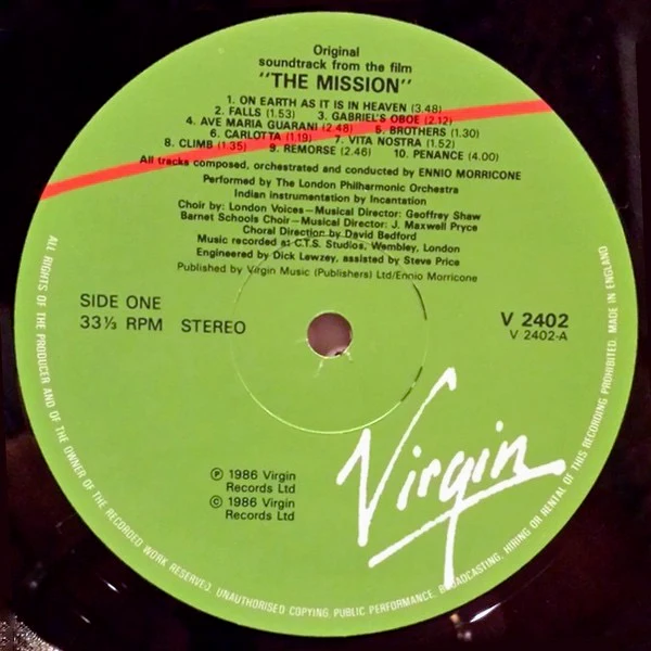 ENNIO MORRICONE, The Mission (Virgin Green/Red; V 2402, UK 1986) LP VG/G+ - Image 3