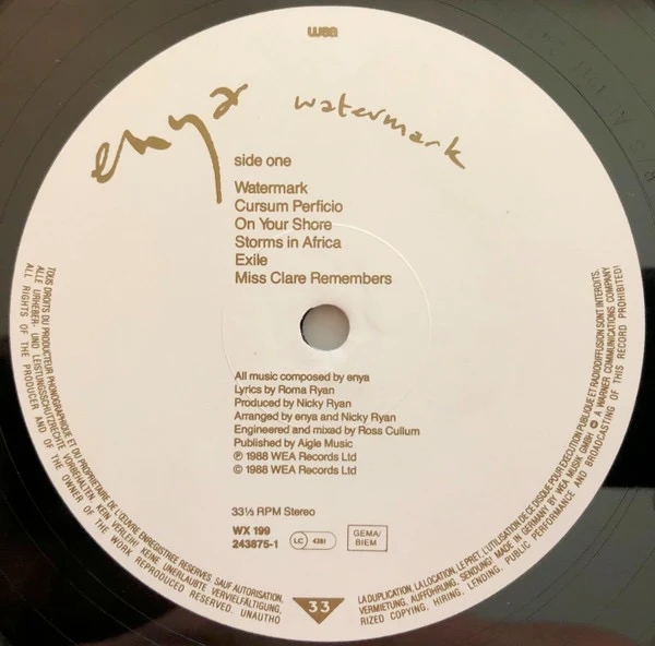 ENYA, Watermark (WEA; 243875-1, Europe 1988, Inner, "Published by Aigle Music" on A Side label ) LP VG/VG - Image 3