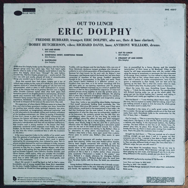 ERIC DOLPHY, Out To Lunch! (Blue Note; BNS 40017, UK 1977 Reissue, Stereo) LP VG/VG+ - Image 2