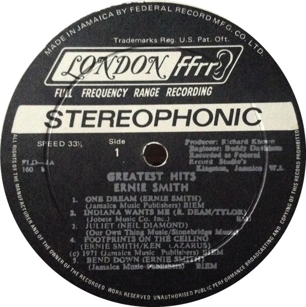 ERNIE SMITH, Greatest Hits (London Records; FLD-JA-160, Jamaica 1972), SALE - Up to 50% Off the Original Price  LP VG/VG+ - Image 3