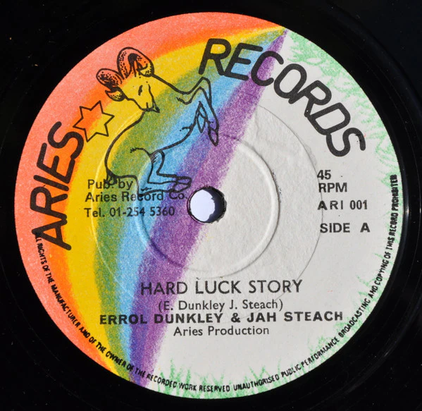 ERROL DUNKLEY & JAH STITCH, Hard Luck Story / To Hell And Forward (Aries Records ; ARI 001, UK 1976, Reggae Disco 45 Sleeve) 12" /G