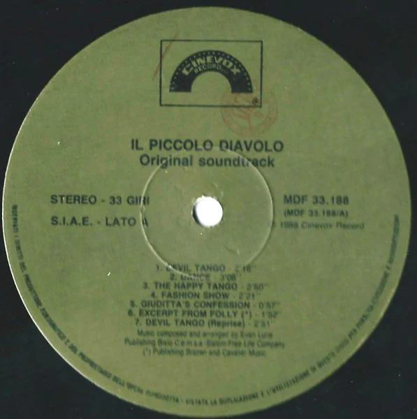 EVAN LURIE, Il Piccolo Diavolo (Original Soundtrack) (Cinevox Record; MDF 33.188, Italy 1988), SALE - Up to 50% Off the Original Price LP G+/VG+ - Image 3
