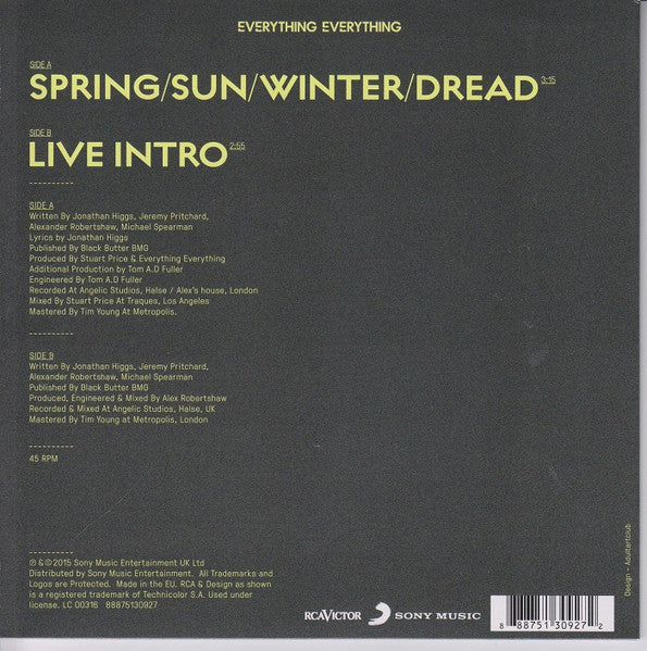 EVERYTHING EVERYTHING, Spring/Sun/Winter/Dread (Sony Music; 88875130927, Europe 2015, Picture Sleeve) 7" VG+/VG - Image 2