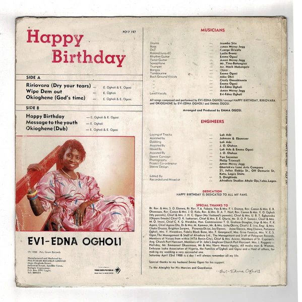 EVI-EDNA OGHOLI, Happy Birthday (Polydor; POLP 197, Nigeria 1988) LP VG/VG+ - Image 2