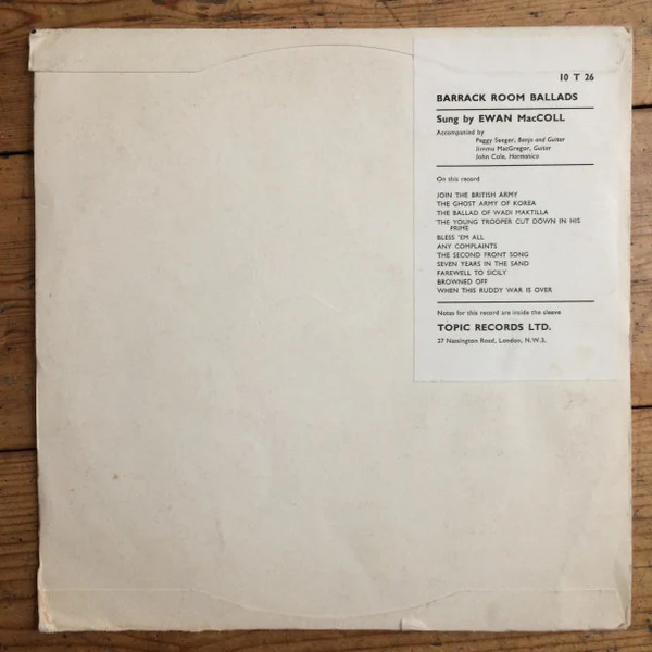 EWAN MACCOLL ACCOMPANIED BY PEGGY SEEGER, JIM MACGREGGOR, JOHN COLE, Barrack-Room Ballads (Topic Records Blue/White Labels; 10 T 26, UK 1958, Screen Printed, Un-Laminated, Non-Scalloped Flip 10" LP VG/VG - Image 2