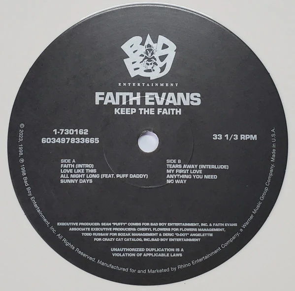 FAITH EVANS, Keep The Faith (Bad Boy Entertainment; 1-730162 / 603497833665, Europe 2023 Reissue, Insert, Black & White Vinyl) 2xLP VG+/VG+ - Image 3