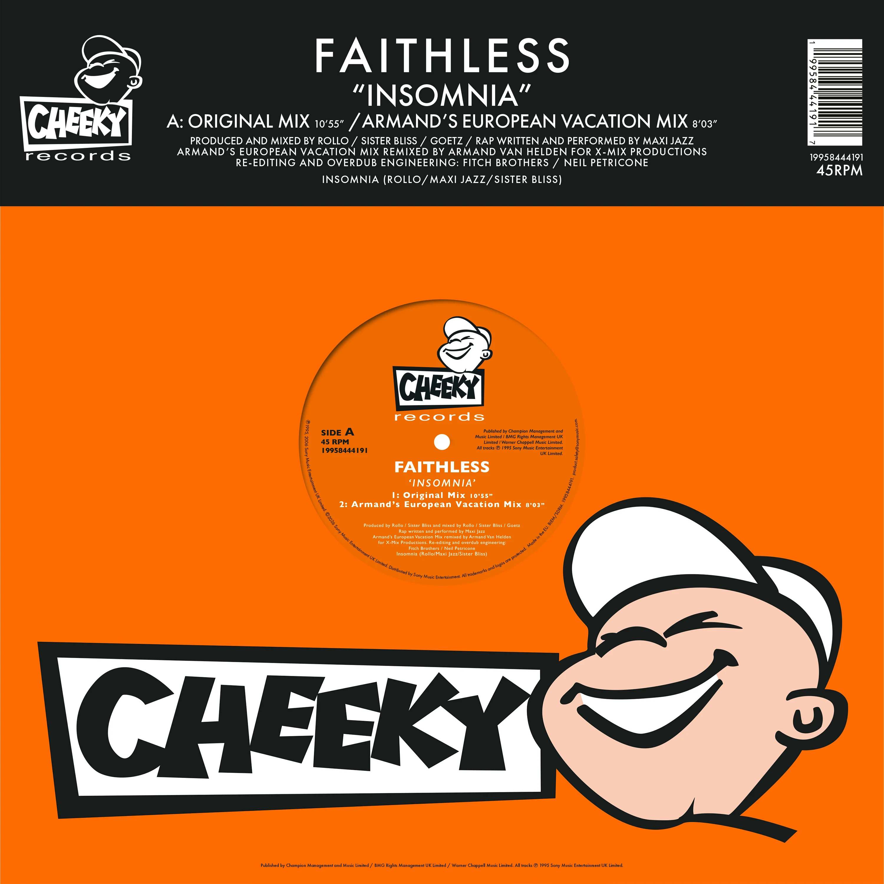 FAITHLESS, Insomnia (30th Anniversary) (Sony; 19958444191, Europe 2026 Reissue, Orange Vinyl) 12" NEW/NEW - PRE-ORDER
