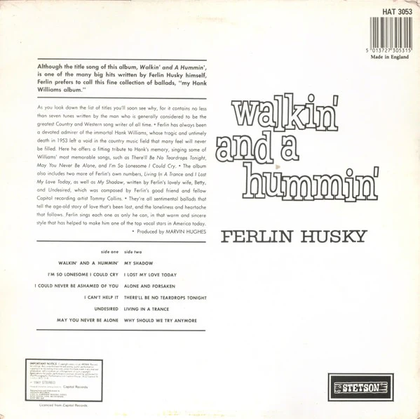 FERLIN HUSKY, Walkin' And A Hummin' (Stetson; HAT 3053, UK 1980s Reissue) LP VG/VG+ - Image 2