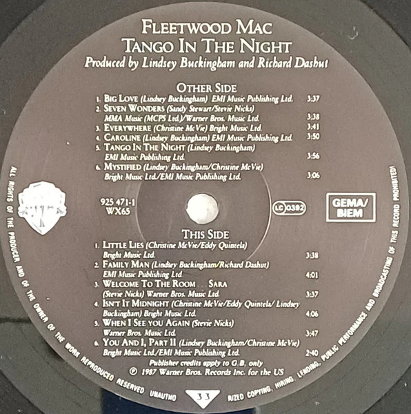 FLEETWOOD MAC, Tango In The Night (Warner Bros. Records; WX 65, Europe 1987, Inner) LP VG/VG+ - Image 3
