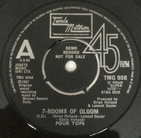 FOUR TOPS, 7-Rooms Of Gloom / If I Were A Carpenter (Tamla Motown; TMG 958, UK 1980, Promo, Company Sleeve, 4-Prong Centre) 7" EX/EX