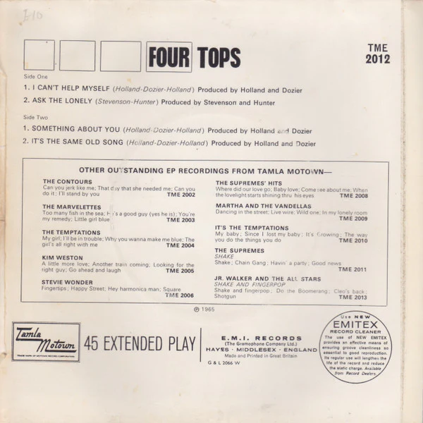 FOUR TOPS, Four Tops (Tamla Motown; TME 2012, UK 1966, Laminated Front Flipback Sleeve, Solid Centre) 7" VG/VG - Image 2