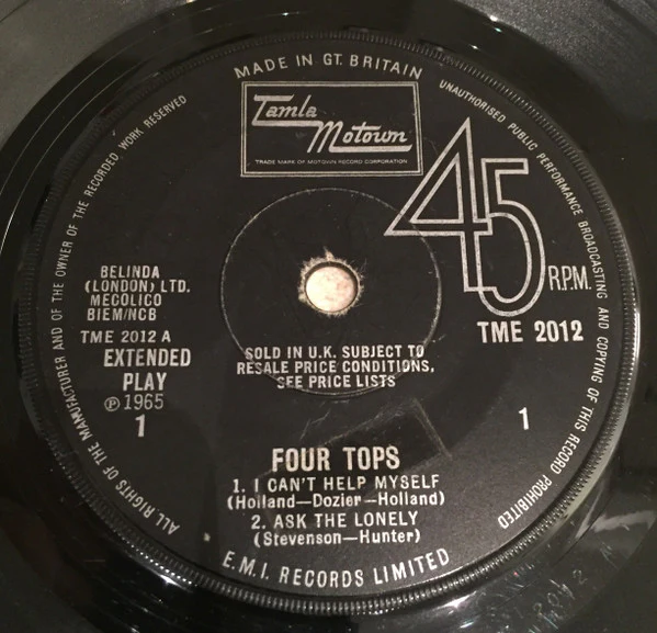 FOUR TOPS, Four Tops (Tamla Motown; TME 2012, UK 1966, Laminated Front Flipback Sleeve, Solid Centre) 7" VG/VG - Image 3