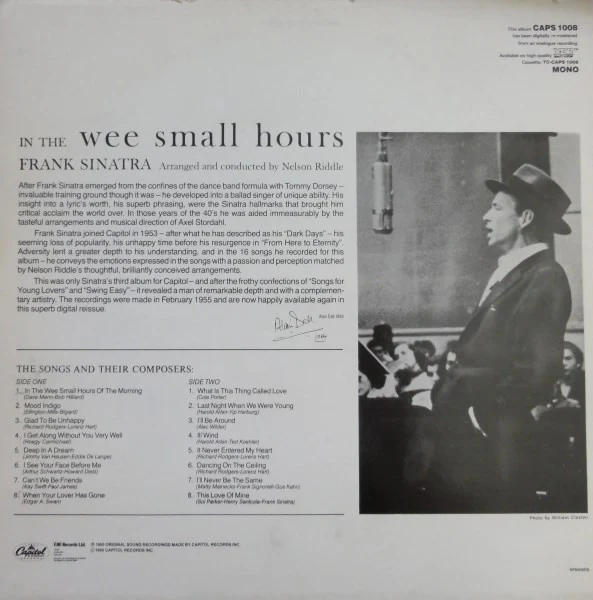 FRANK SINATRA, In The Wee Small Hours (Capitol Records; CAPS 1008, UK 1984 Reissue, Mono) LP VG/VG+ - Image 2