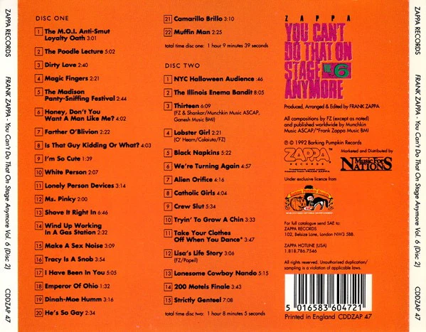 FRANK ZAPPA, You Can't Do That On Stage Anymore Vol. 6 (Zappa Records; CDDZAP 47, UK & Europe 1992, Fatbox Double Case, 2 Booklets) 2xCD VG+/VG+ - Image 2
