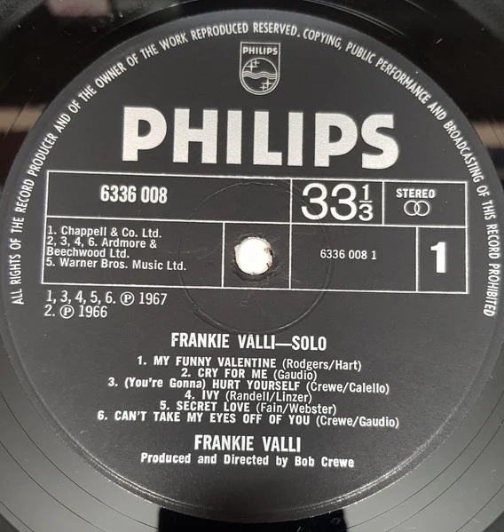 FRANKIE VALLI, Solo (Philips; 6336 008, UK 1970 Reissue, Laminated Sleeve, Stereo) LP VG+/VG+ - Image 3