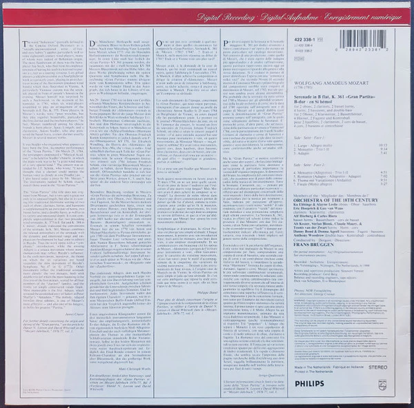 FRANS BRUGGAN, ORCHESTRA OF THE 18TH CENTURY,, Mozart: Serenade In B Flat, K.361 "Gran Partita" (Philips; 422 338-1, Netherlands 1988), SALE - Up to 50% Off the Original Price  LP VG/VG+ - Image 2