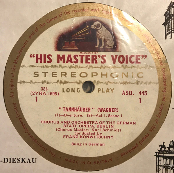 FRANZ KONWITSCHNY, CHOR UND ORCHESTER DER STAATSOPER BERLIN, Wagner: Tannhauser And The Song Contest At The Wartburg (HMV Cream and Gold; ASD 445-448, UK 1961, Box Set, Insert) 4xLP VG+/VG+ - Image 3