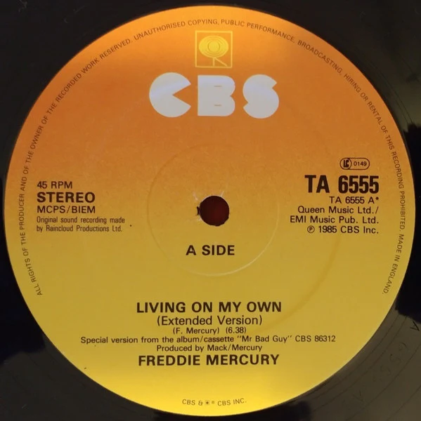 FREDDIE MERCURY, Living On My Own (Extended Version) (CBS; TA6555, UK 1985, Picture Sleeve) 12" VG/G+ - Image 3