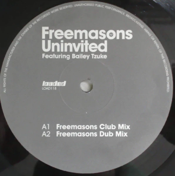 FREEMASONS FEATURING BAILEY TZUKE, Uninvited (Loaded Records; LOAD118, UK 2007, Stickered Plain Sleeve) 12" VG/VG+ - Image 2
