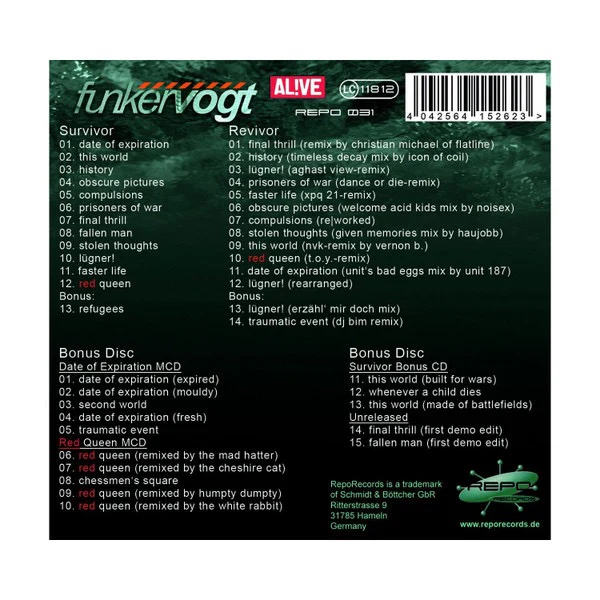 FUNKER VOGT, Survivor - Collector's Edition (RepoRecords; REPO 031, Germany 2014 Reissue, Triple Digipak, Booklet) 3xCD VG/VG+ - Image 2