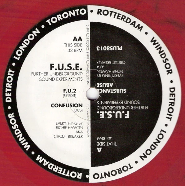 F.U.S.E., Substance Abuse (Plus 8 Records; PLUS8013, Canada 1991, Stickered Plain Sleeve, Limited Edition, Red Vinyl.) 12" VG+/VG+ - Image 2