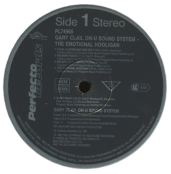 GARY CLAIL/ON-U SOUND SYSTEM, The Emotional Hooligan (Perfecto; PL74965, Europe 1991) LP VG/VG+ - Image 3