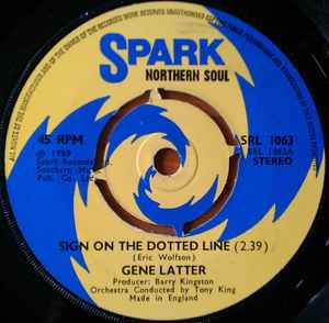 GENE LATTER, Sign On The Dotted Line / I Love You (Spark; SRL 1063, UK 1975, 4 prong centre) 7" /VG+