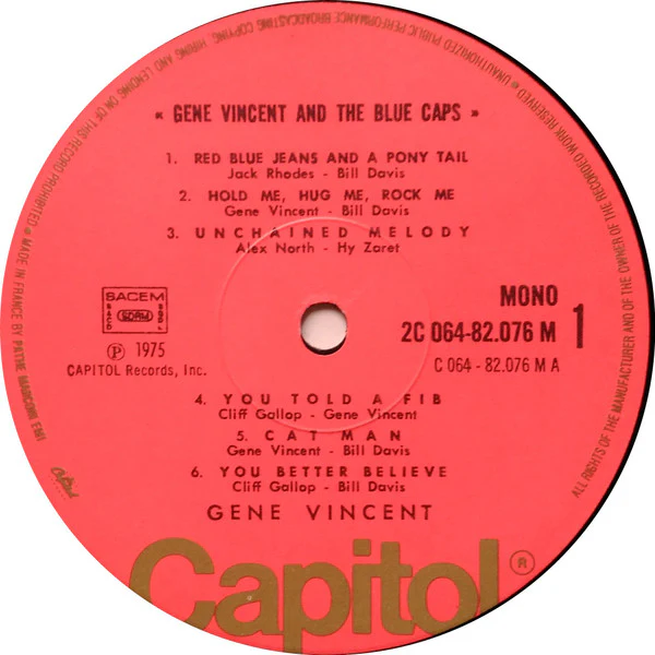 GENE VINCENT AND THE BLUE CAPS, Gene Vincent And The Blue Caps (Capitol Records; 2 C 064-82076, France 1976 Reissue) LP VG/VG+ - Image 3