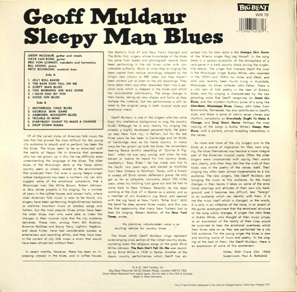 GEOFF MULDAUR, Sleepy Man Blues (Big Beat Records; WIK 78, UK 1988 Reissue), SALE - Up to 50% Off the Original Price LP VG+/VG+ - Image 2