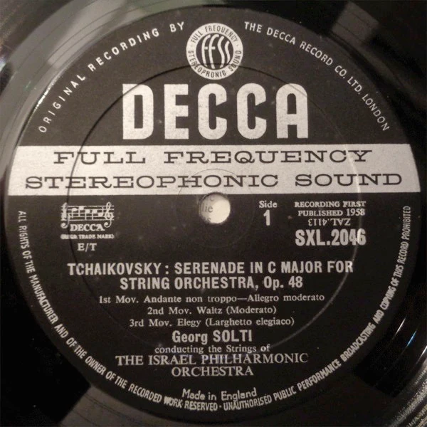 GEORG SOLTI, ISRAEL PHILHARMONIC ORCHESTRA, Mozart: Eine Kleine Nachtmusik / Tchaikovsky: Serenade For Strings (Decca Black Unboxed Wideband - Original Recording at 11 O'Clock - Grooved ED1; LP VG/VG+ - Image 3