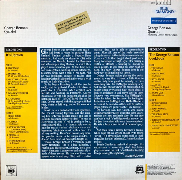 GEORGE BENSON QUARTET, It's Uptown / The George Benson Cookbook (Blue Diamond; CBS 22187, UK & Europe 1985) 2xLP VG/VG+ - Image 2