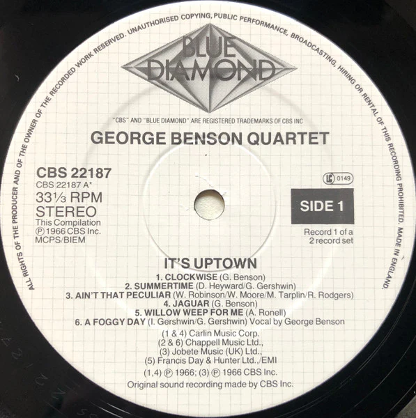 GEORGE BENSON QUARTET, It's Uptown / The George Benson Cookbook (Blue Diamond; CBS 22187, UK & Europe 1985) 2xLP VG/VG+ - Image 3