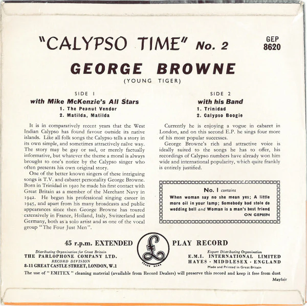 GEORGE BROWNE WITH MIKE MCKENZIE'S ALL STARS, Calypso Time No. 2 (Parlophone; GEP 8620, UK 1957, Laminated Flipback Sleeve, 4-Prong Centre) 7" EP VG+/VG+ - Image 2