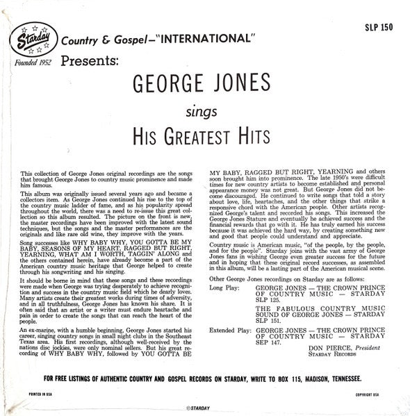 GEORGE JONES, George Jones Sings His Greatest Hits (Starday Records; SLP 150, US 1987 Reissue) LP VG/VG - Image 2
