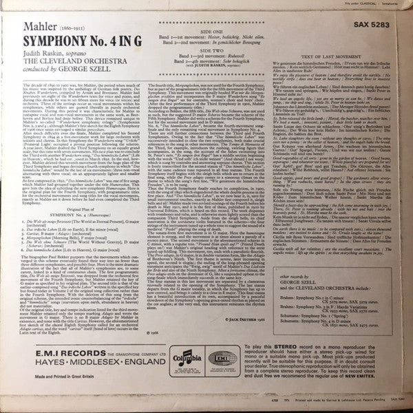 GEORGE SZELL, THE CLEVELAND ORCHESTRA, JUDITH RASKIN, Mahler: Symphony No. 4 In G (Columbia; SAX 5283, UK 1967, Laminated Flipback Sleeve) LP VG+/VG - Image 2