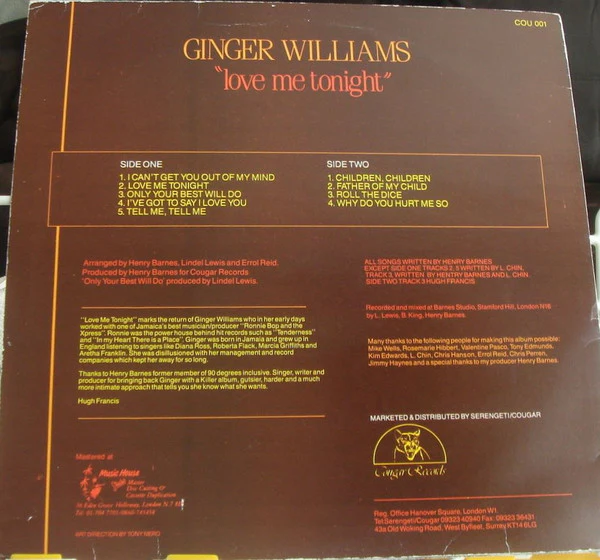 GINGER WILLIAMS, Love Me Tonight (Cougar; CU 001, UK ) LP VG/VG+ - Image 2