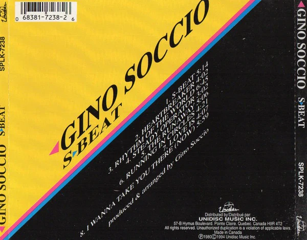 GINO SOCCIO, S-Beat (Unidisc; SPLK-7238, Canada 1994 Reissue, Jewel Case) CD VG+/VG+ - Image 2