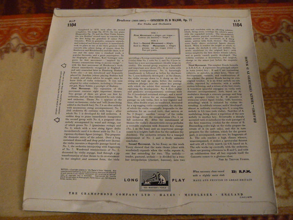 GIOCONDA  DE VITO, RUDOLF SCHWARZ, PHILHARMONIA ORCHESTRA, Brahms Violin Concerto (His Master's Voice; ALP 1104, His Master's Voice    ALP. 1104, UK , Laminated Scalloped Flipback Sleeve), S LP G+/VG - Image 2
