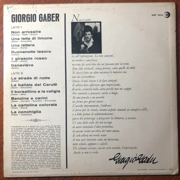 GIORGIO GABER, Giorgio Gaber (Ricordi; MRP 9016, Italy 1965) LP VG/VG - Image 2