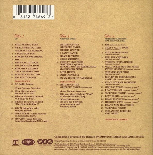 GRAM PARSONS, The Complete Reprise Sessions (Rhino Records; 8122-74669-2, Europe 2006, Box Set, Booklet & Insert) 3xCD VG+/VG+ - Image 2