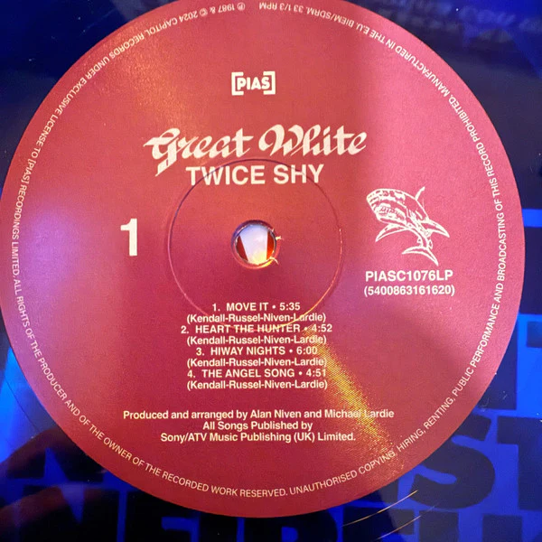 GREAT WHITE, ...Twice Shy ([pias]; PIASC1076LPIEX, Worldwide 2024 Reissue, Hype Stickered Poly Outer, Translucent Blue Vinyl) LP EX/VG - Image 3