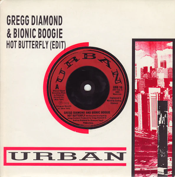 GREGG DIAMOND & BIONIC BOOGIE, Hot Butterfly / When The Shit Hits The Fan (Rocket Pocket) (Urban; URB 16, UK 1988 Reissue, Company Sleeve) 7" VG+/VG+