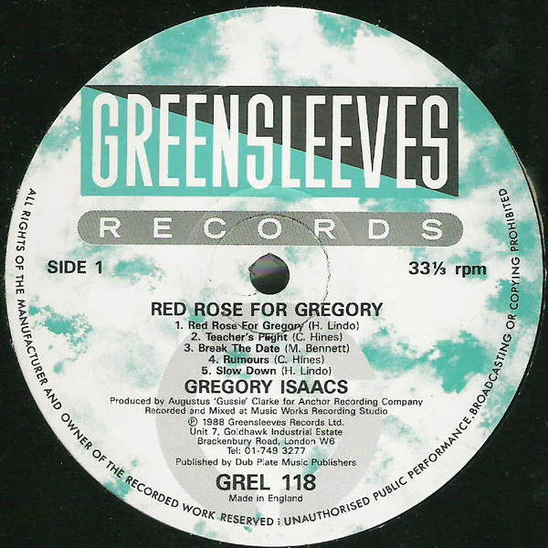 GREGORY ISAACS, Red Rose For Gregory (Greensleeves Records; GREL 118, UK 1988) LP VG+/VG+ - Image 3