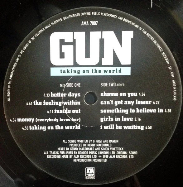 GUN, Taking On The World (A&M Records; AMA 7007, UK 1989, Inner) LP VG/VG - Image 3