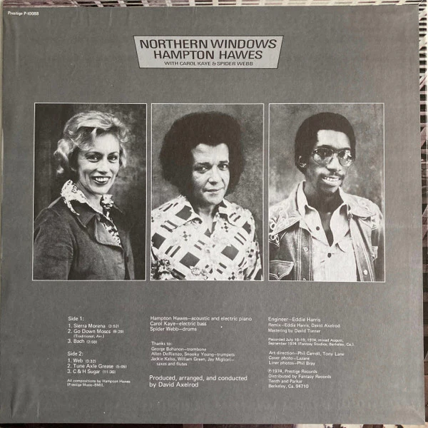 HAMPTON HAWES, Northern Windows (Prestige (Green Label); P-10088, US 1974, Pasteback Sleeve, Produced by David Axelrod) LP G+/VG - Image 2