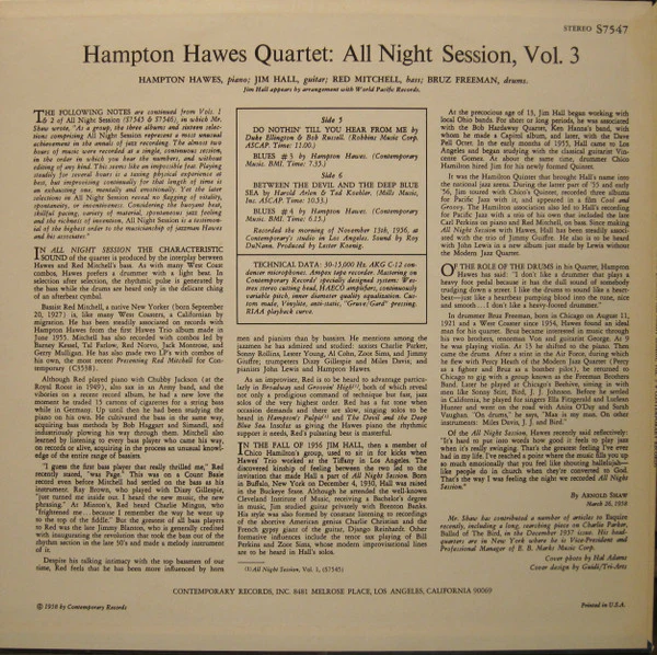 HAMPTON HAWES QUARTET, All Night Session, Vol. 3 (Contemporary; S 7547, US 1960s Reissue, Stereo) LP VG/VG - Image 2