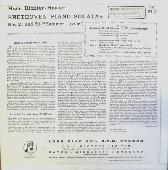 HANS RICHTER-HAASER INSTRUMENTAL, Beethoven: Piano Sonatas: No. 27 In E Minor, Op. 90; No. 29 In B Flat, Op.106 "Hammerklavier" (Columbia; SAX 2407, UK 1961, Laminated Flipback Sleeve) LP VG+/VG+ - Image 2