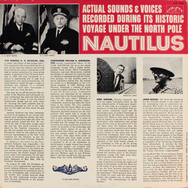 HERB SHRINER, Nautilus: Actual Sounds & Voices Recorded During Its Historic Voyage Under The North Pole (Colpix Records ; CP 701, US 1958, Gatefold, Stapled In Booklet) LP G+/VG - Image 2